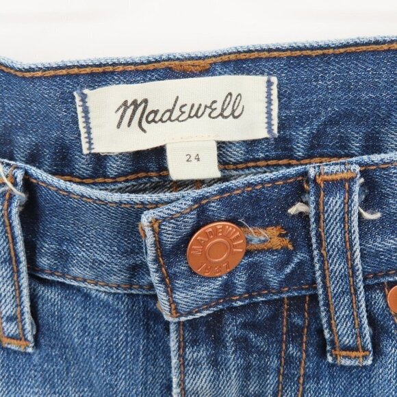Madewell Womens 24 Blue Denim Shorts Distressed Raw Hem Copper Button Studs Jean - Picture 2 of 8